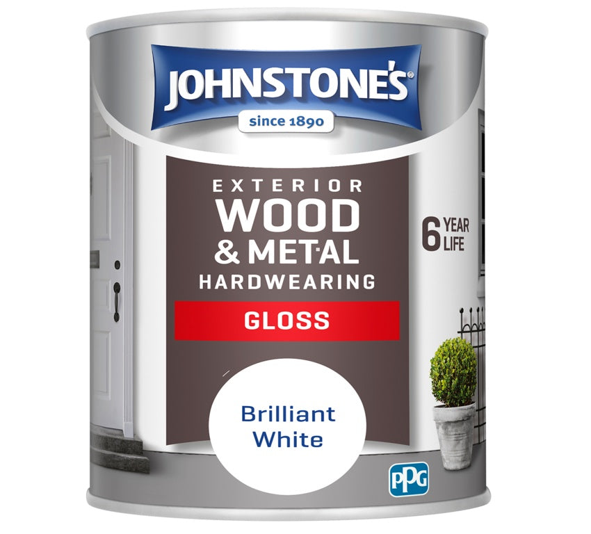 Johnstone Brilliant White Exterior Wood & Metal Hardening Gloss 750ml Johnstone Brilliant White Exterior Wood & Metal Hardening Gloss 750ml